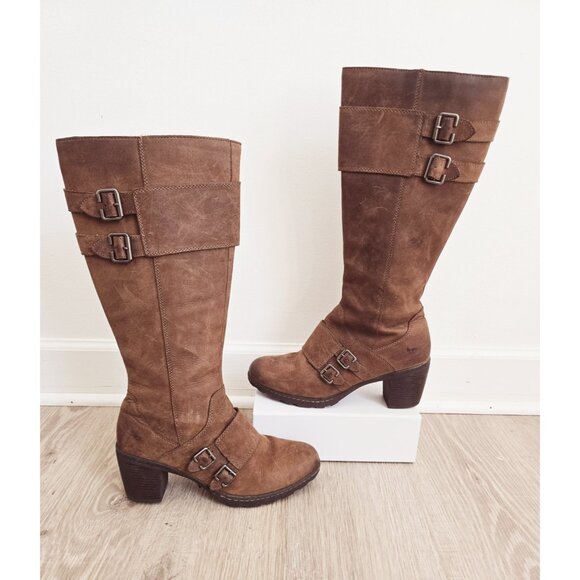 Box Born Tall Knee High Riding Boots 11 Sue Leather Brown Buckle Womens Heels - Picture 1 of 11